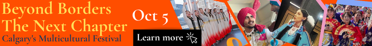 A promo banner for Calgary Multicultural Festival at Waterfront Park called Beyond Borders The Next Chapter featuring cultural collectives from Asia and Indigenous Canadian cultures.
